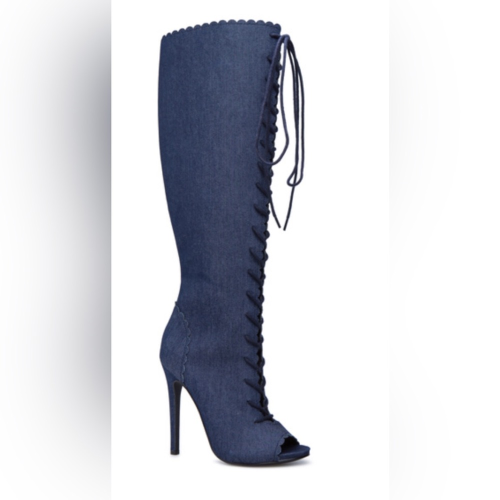 Thigh Hight Denim Heeled Boots